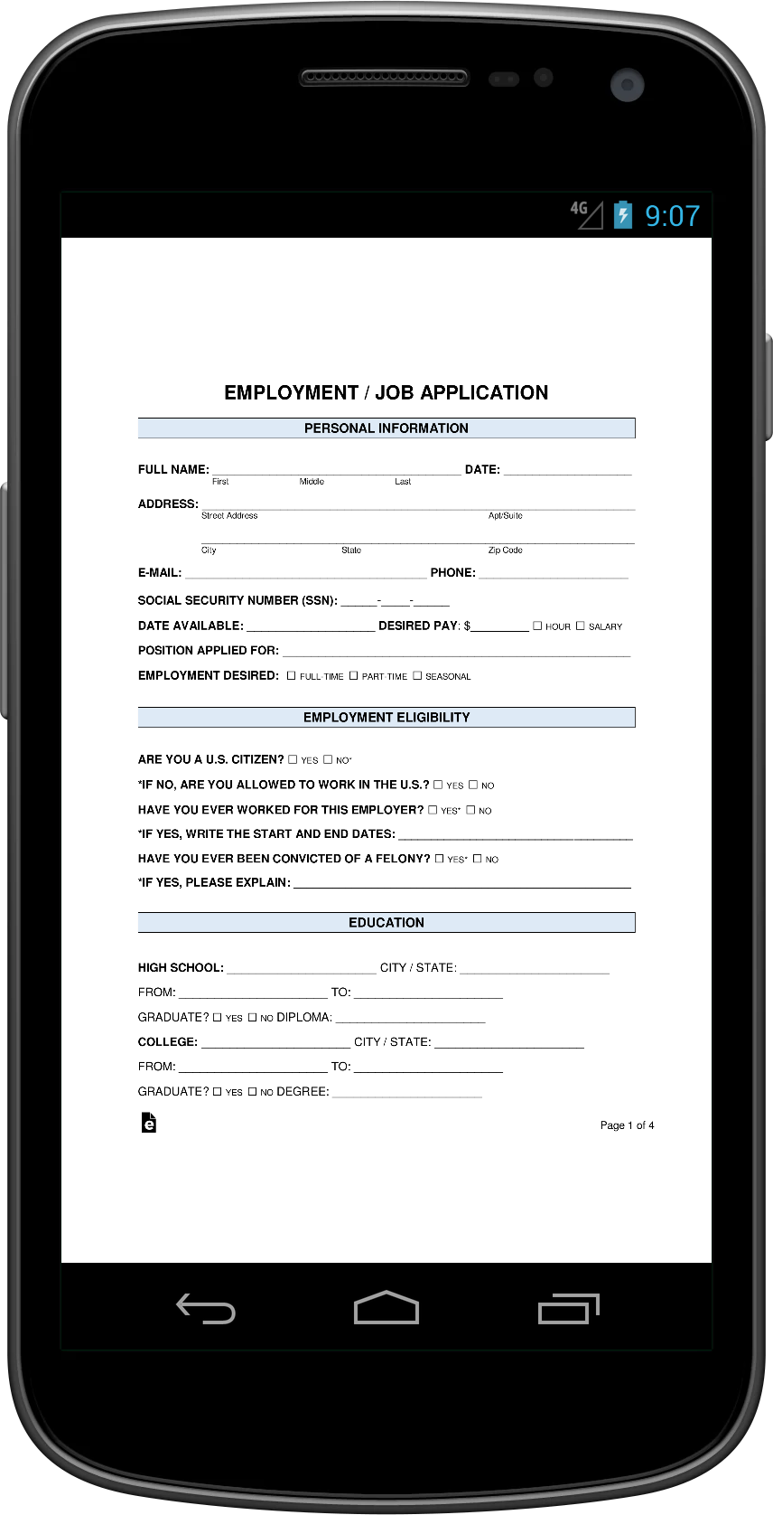 A screenshot showing Job Application for Android